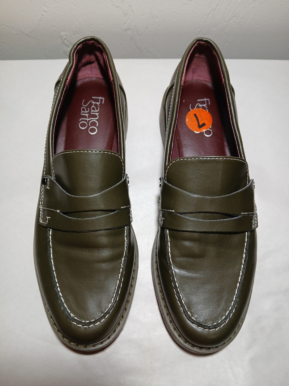 Franco Sarto "Cassandra" Olive Green Leather Platform Penny Loafers Sz. 7